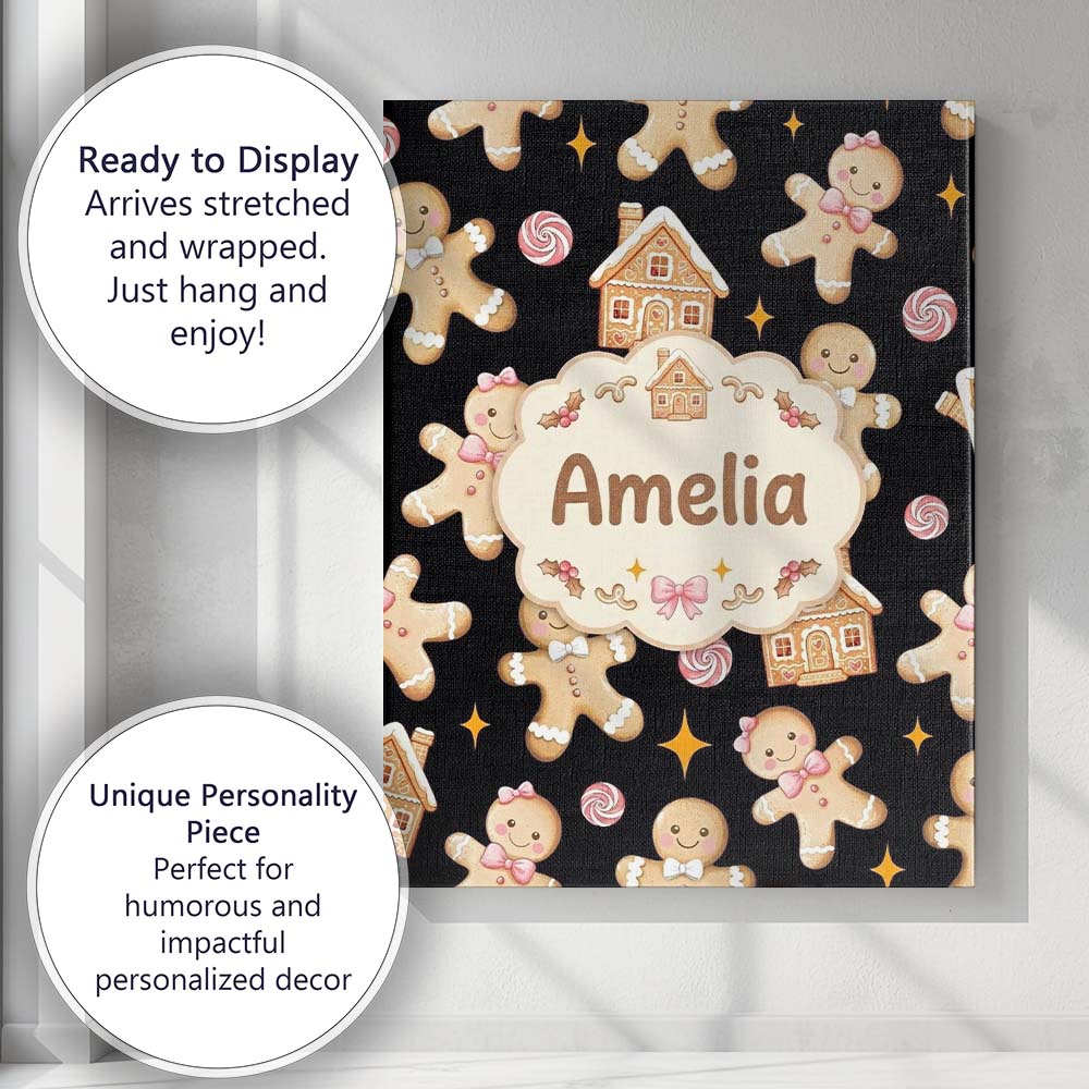 Personalised Name Cute Gingerbread Cookies Custom Unique Gift Idea Elegant Feature Canvas Wall Art Print Decor Picture Ready to Hang
