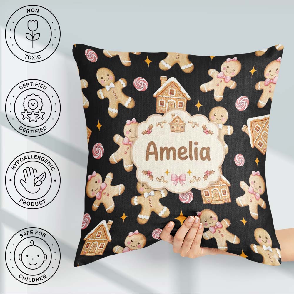 Custom Name Gingerbread Candy House on Black Background Seamless Square Filled Cushion Throw Pillow Sofa Bed Home Decor Zip Washable UK Made