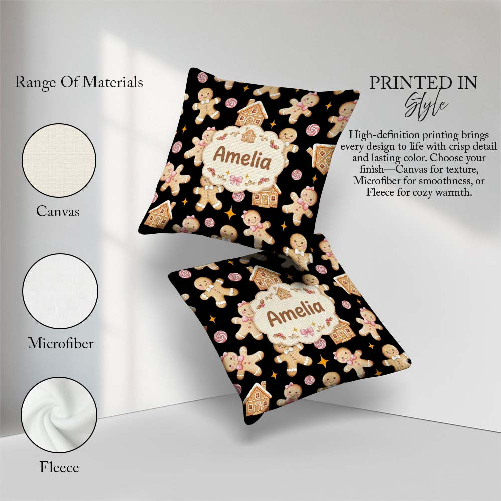 Custom Name Gingerbread Candy House on Black Background Seamless Square Filled Cushion Throw Pillow Sofa Bed Home Decor Zip Washable UK Made