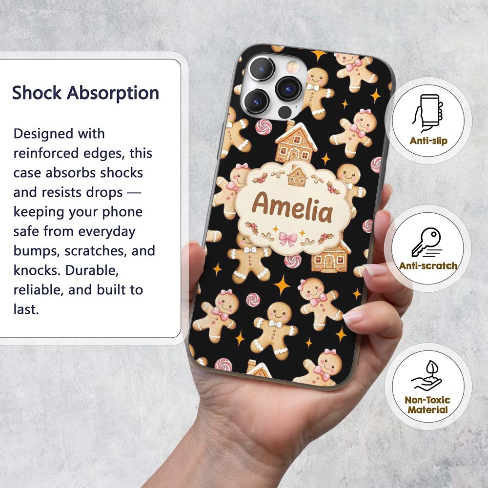 Cute Gingerbread Cookies Candy House on Black Custom Name Protective Phone Case Mobile Cover Durable Everyday Smartphone Shock Resistant