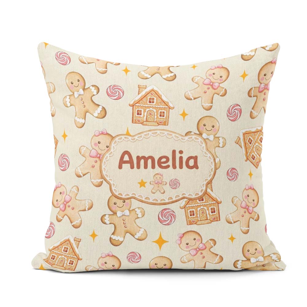 Custom Name Cute Gingerbread Cookies Candy House on Soft Cream Square Filled Cushion Throw Pillow Sofa Bed Home Decor Zip Washable UK Made
