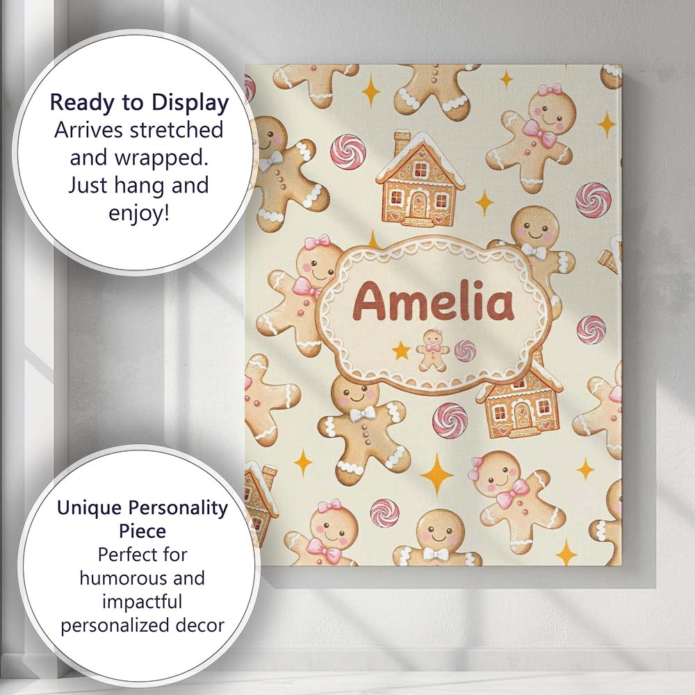 Personalised Name Cute Gingerbread Cookies Custom Unique Gift Idea Elegant Feature Canvas Wall Art Print Decor Picture Ready to Hang