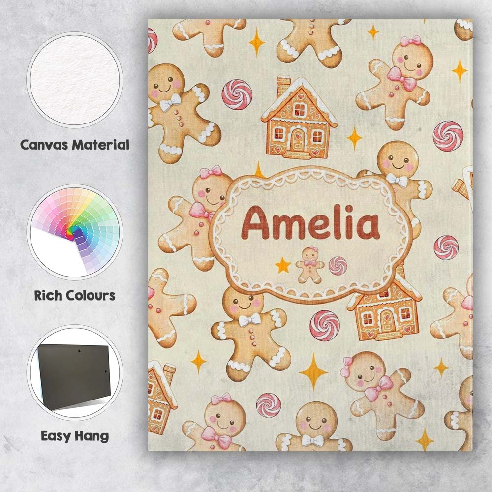 Personalised Name Cute Gingerbread Cookies Custom Unique Gift Idea Elegant Feature Canvas Wall Art Print Decor Picture Ready to Hang