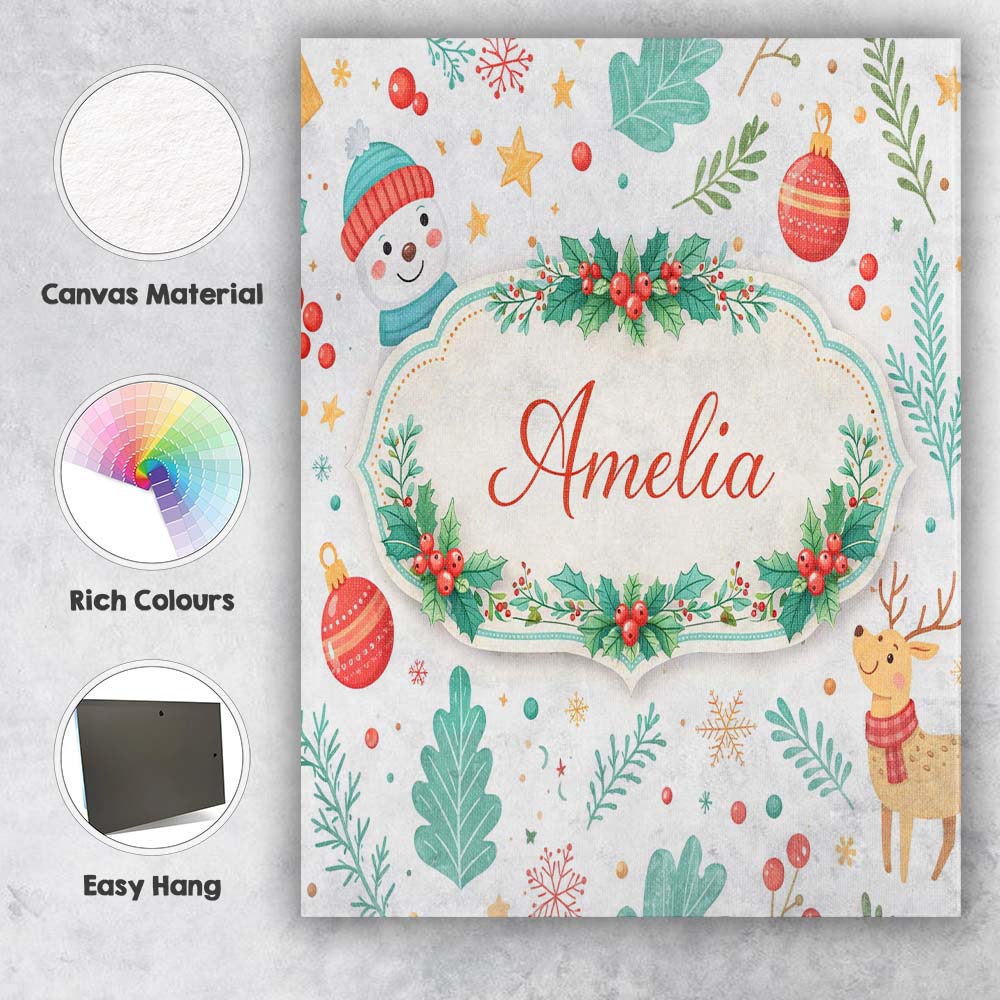 Personalised Name Snowman Reindeer Wreath Winter Christmas Cute Custom Statement Canvas Wall Art Print Decor Picture Ready to Hang