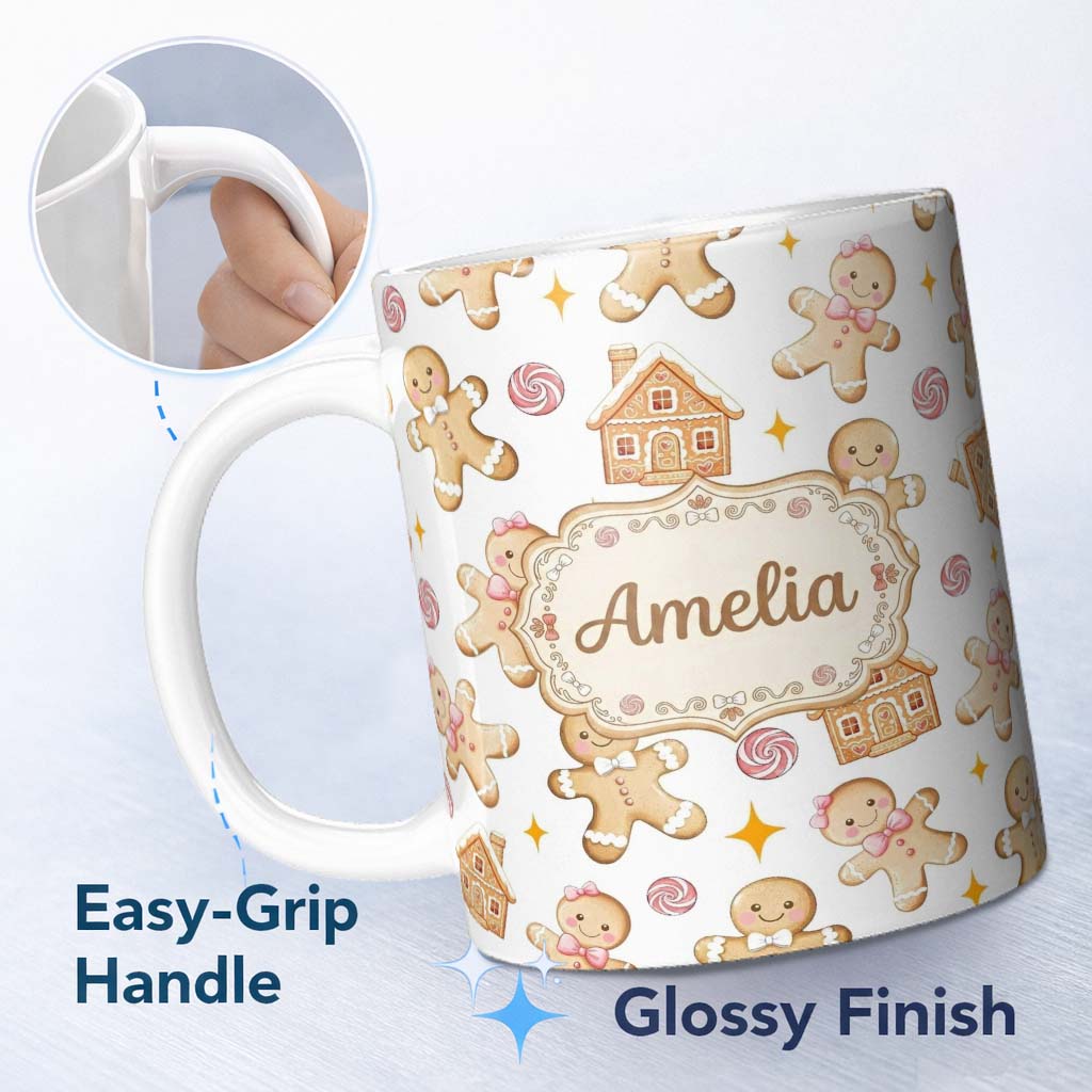 Personalized Custom Name Cute Gingerbread Cookies Candy House on Light Grey Background 11oz Ceramic Coffee Tea Mug White Large Handle
