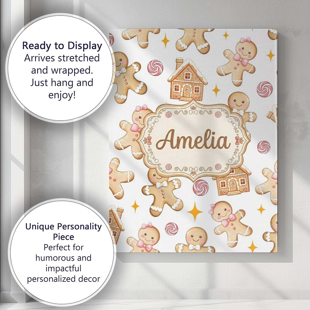 Personalised Name Cute Gingerbread Cookies Custom Unique Gift Idea Elegant Feature Canvas Wall Art Print Decor Picture Ready to Hang