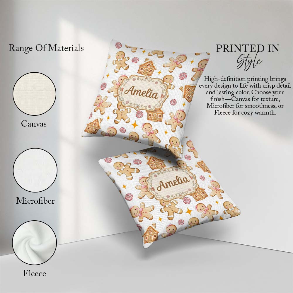 Custom Name Cute Gingerbread Cookies Candy House on Light Grey Square Filled Cushion Throw Pillow Sofa Bed Home Decor Zip Washable UK Made