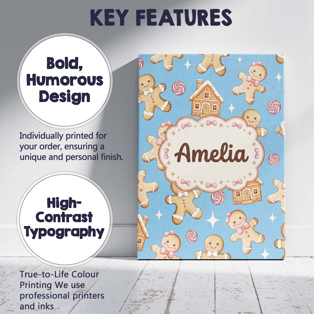 Personalised Name Cute Gingerbread Cookies Custom Unique Gift Idea Elegant Feature Canvas Wall Art Print Decor Picture Ready to Hang