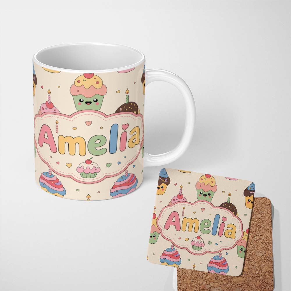 Personalized Custom Name CuteKawaii Birthday Cupcakes Cherry Candle Pastel Sweet Treats 11oz Ceramic Coffee Tea Mug White Large Handle