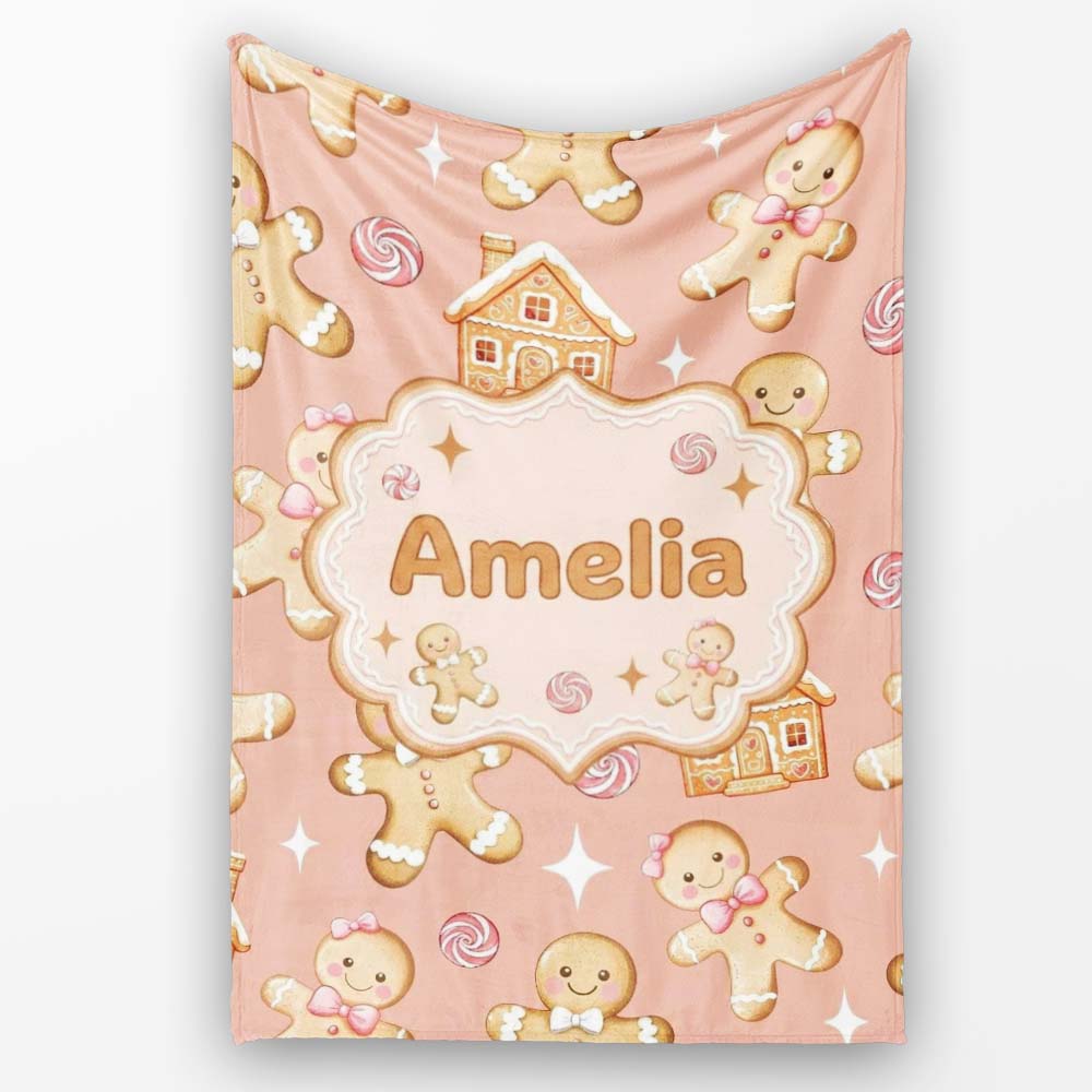 Cute Gingerbread Cookies Candy House on Peach Blush Background Personalised Custom Name Super Soft Fleece Blanket Bed Sofa Throw