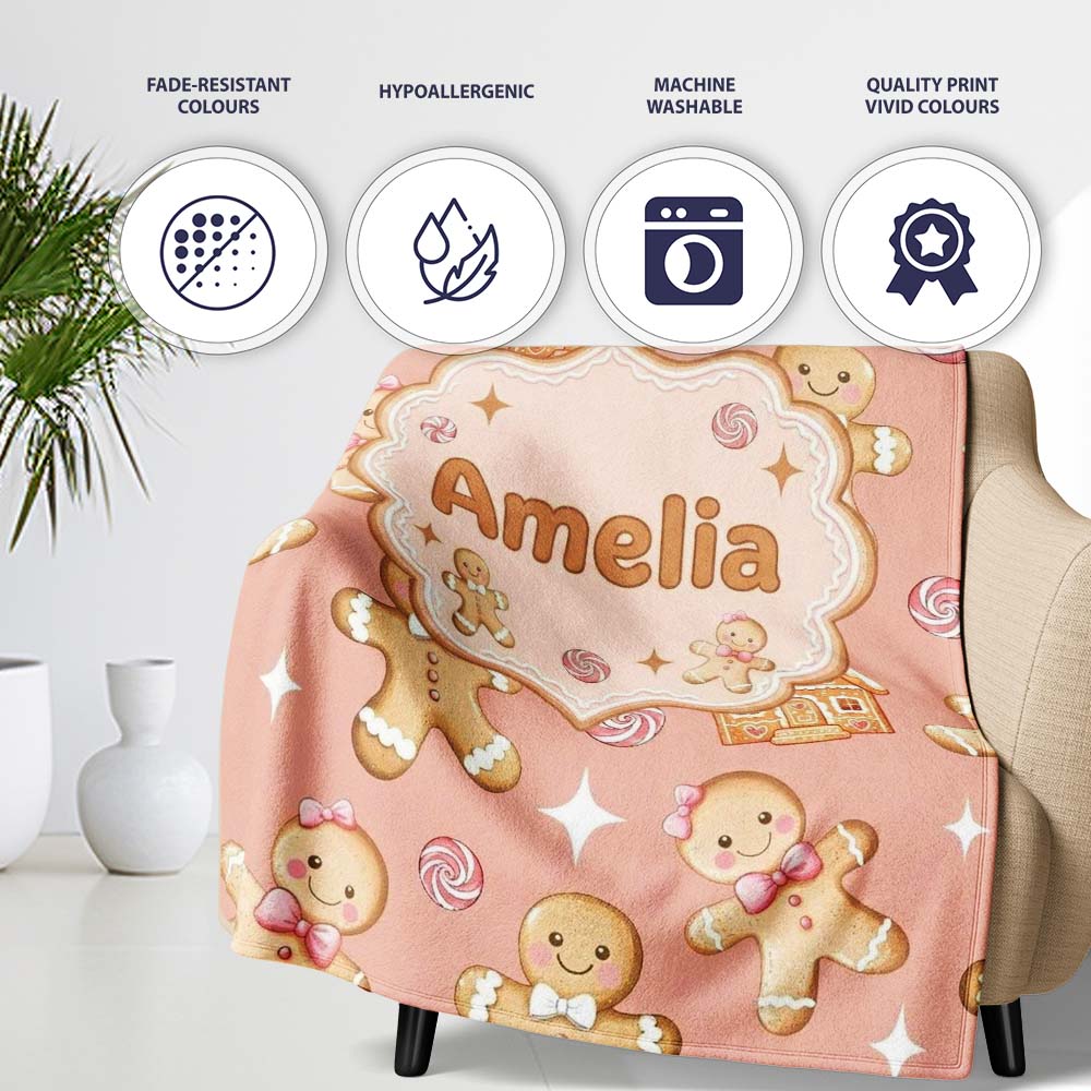 Cute Gingerbread Cookies Candy House on Peach Blush Background Personalised Custom Name Super Soft Fleece Blanket Bed Sofa Throw