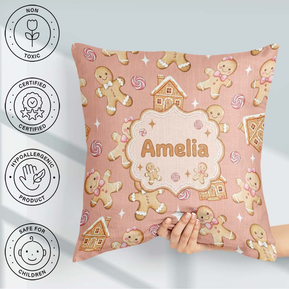 Custom Name Cute Gingerbread Cookies Candy House on Peach Blush Square Filled Cushion Throw Pillow Sofa Bed Home Decor Zip Washable UK Made
