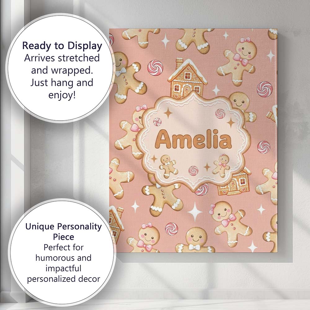 Personalised Name Cute Gingerbread Cookies Custom Unique Gift Idea Elegant Feature Canvas Wall Art Print Decor Picture Ready to Hang