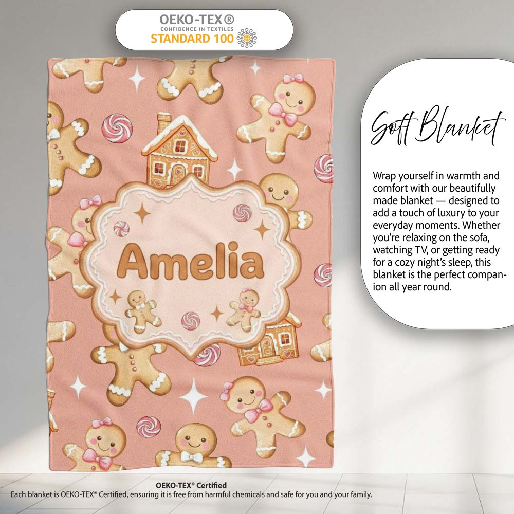 Cute Gingerbread Cookies Candy House on Peach Blush Background Personalised Custom Name Super Soft Fleece Blanket Bed Sofa Throw