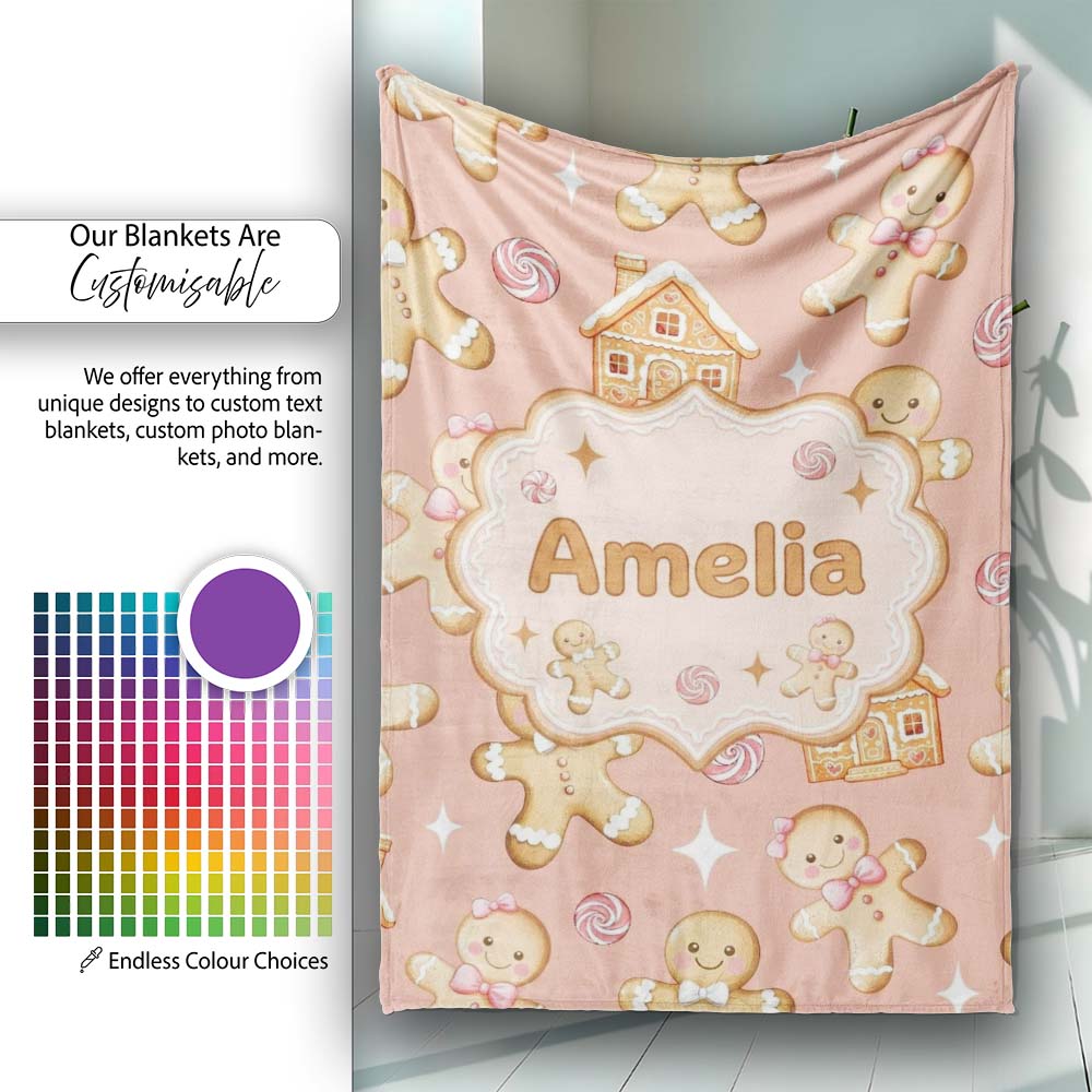 Cute Gingerbread Cookies Candy House on Peach Blush Background Personalised Custom Name Super Soft Fleece Blanket Bed Sofa Throw