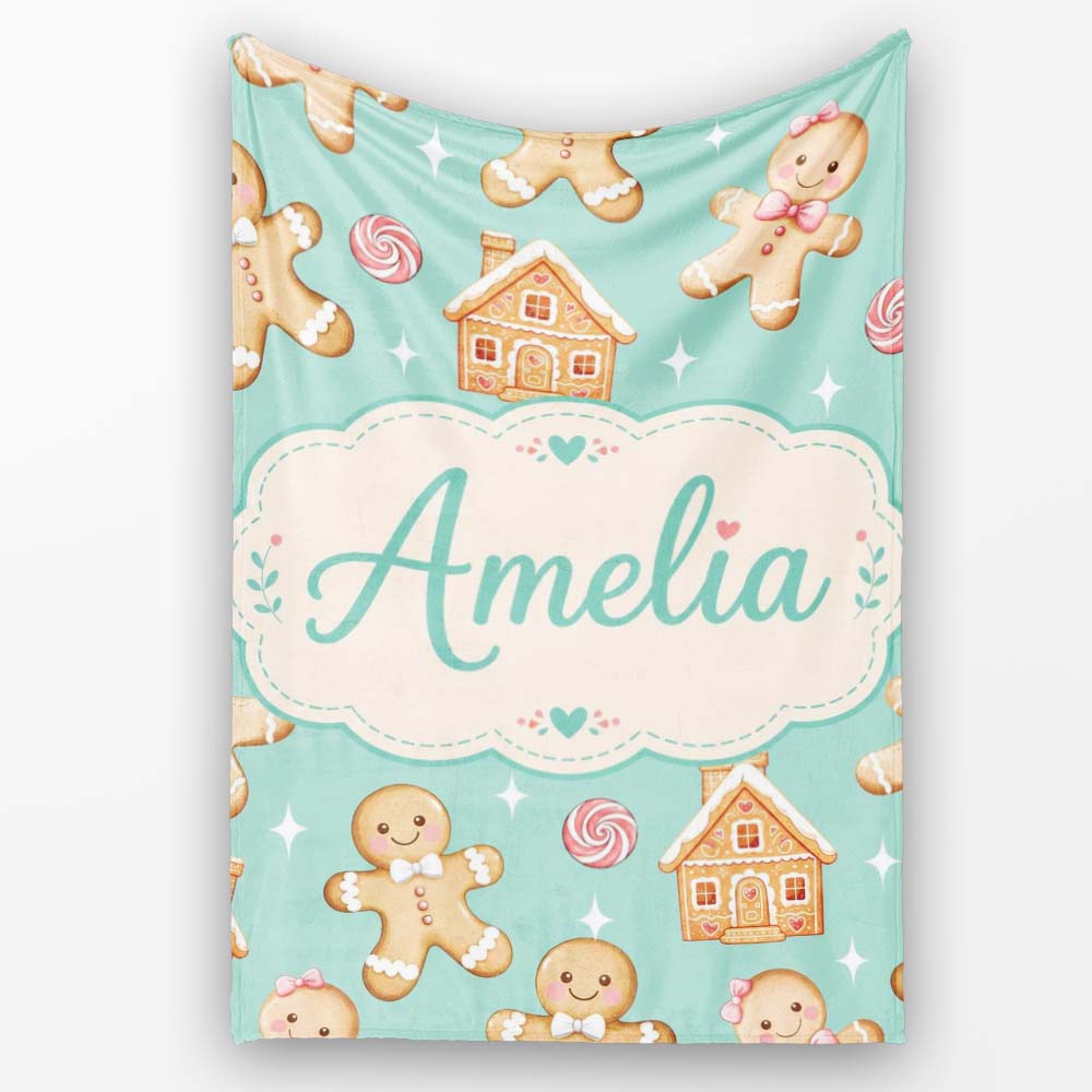Cute Gingerbread Cookies Candy House on Mint Green Background Personalised Custom Name Super Soft Fleece Blanket Bed Sofa Throw
