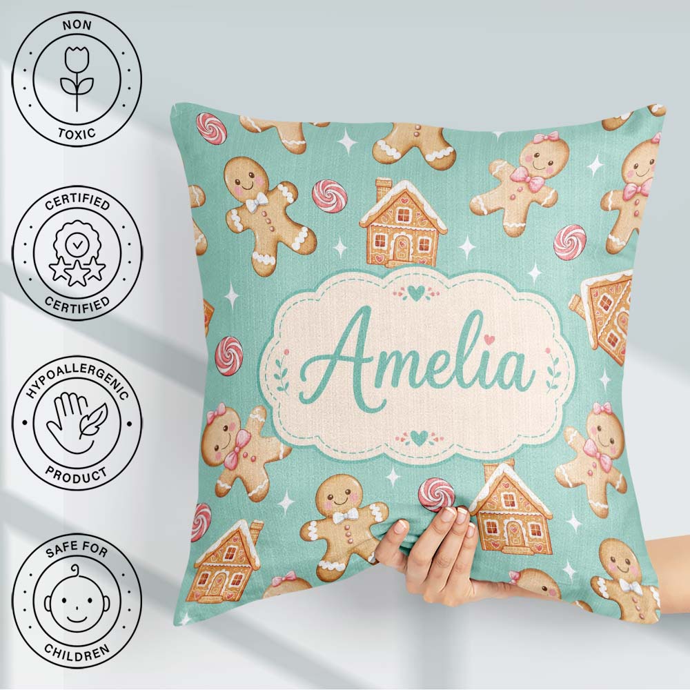 Custom Name Cute Gingerbread Cookies Candy House on Mint Green Square Filled Cushion Throw Pillow Sofa Bed Home Decor Zip Washable UK Made