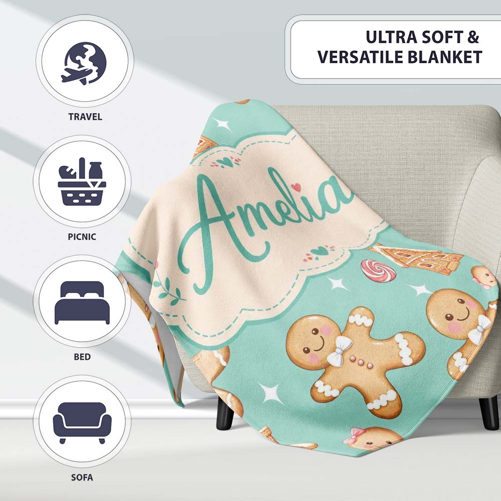 Cute Gingerbread Cookies Candy House on Mint Green Background Personalised Custom Name Super Soft Fleece Blanket Bed Sofa Throw