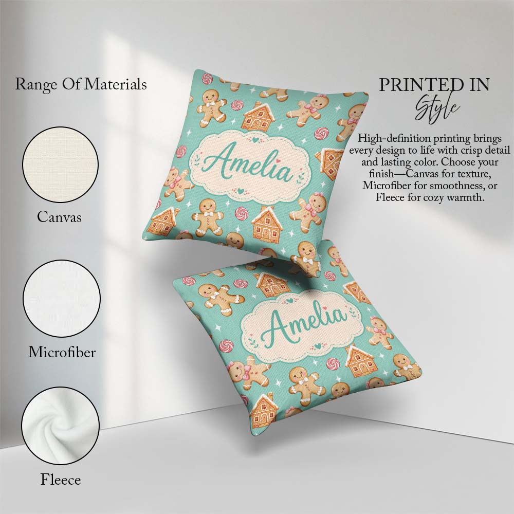Custom Name Cute Gingerbread Cookies Candy House on Mint Green Square Filled Cushion Throw Pillow Sofa Bed Home Decor Zip Washable UK Made