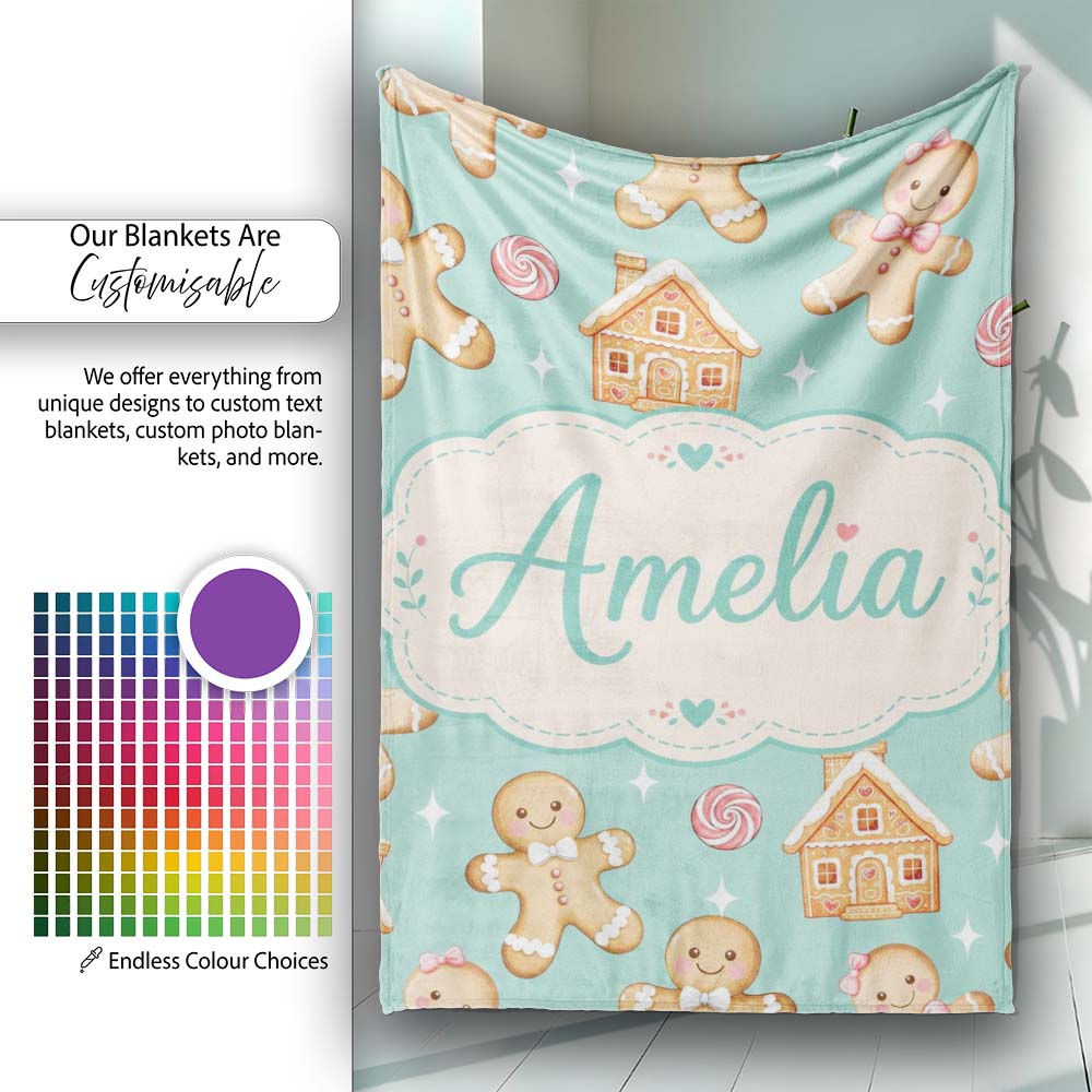 Cute Gingerbread Cookies Candy House on Mint Green Background Personalised Custom Name Super Soft Fleece Blanket Bed Sofa Throw