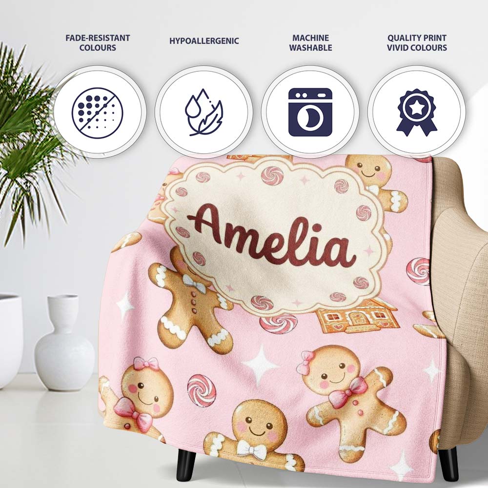 Cute Gingerbread Cookies Candy House on Pastel Pink Background Personalised Custom Name Super Soft Fleece Blanket Bed Sofa Throw
