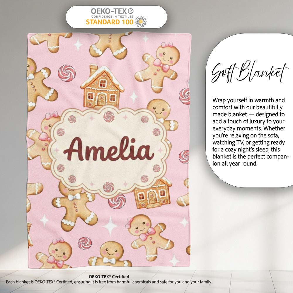 Cute Gingerbread Cookies Candy House on Pastel Pink Background Personalised Custom Name Super Soft Fleece Blanket Bed Sofa Throw