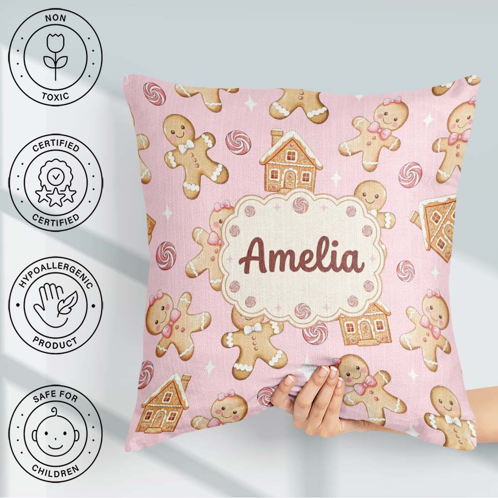 Custom Name Cute Gingerbread Cookies Candy House on Pastel Pink Square Filled Cushion Throw Pillow Sofa Bed Home Decor Zip Washable UK Made