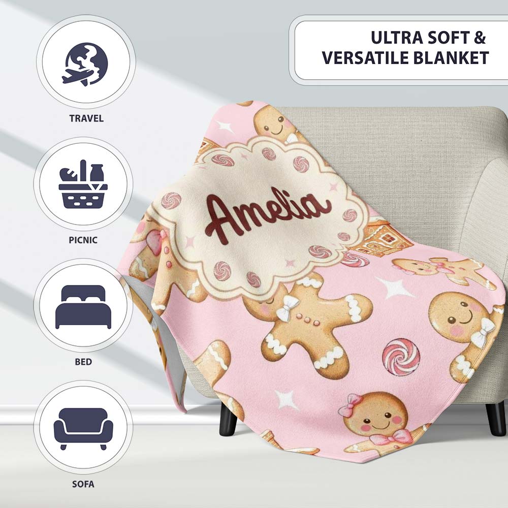Cute Gingerbread Cookies Candy House on Pastel Pink Background Personalised Custom Name Super Soft Fleece Blanket Bed Sofa Throw