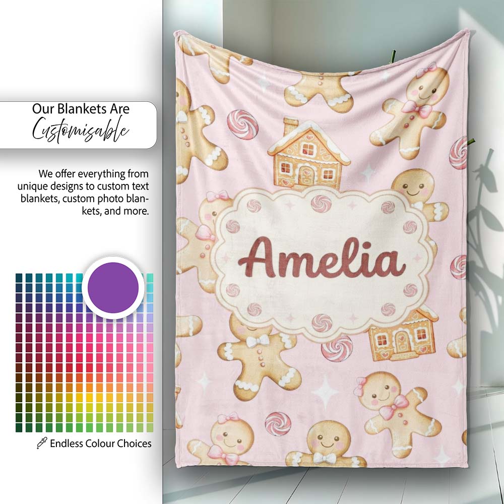 Cute Gingerbread Cookies Candy House on Pastel Pink Background Personalised Custom Name Super Soft Fleece Blanket Bed Sofa Throw