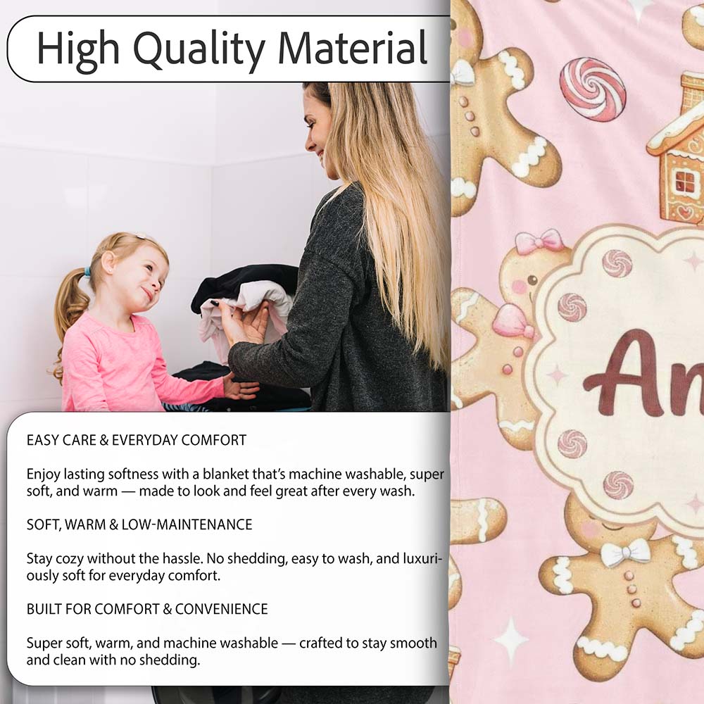 Cute Gingerbread Cookies Candy House on Pastel Pink Background Personalised Custom Name Super Soft Fleece Blanket Bed Sofa Throw