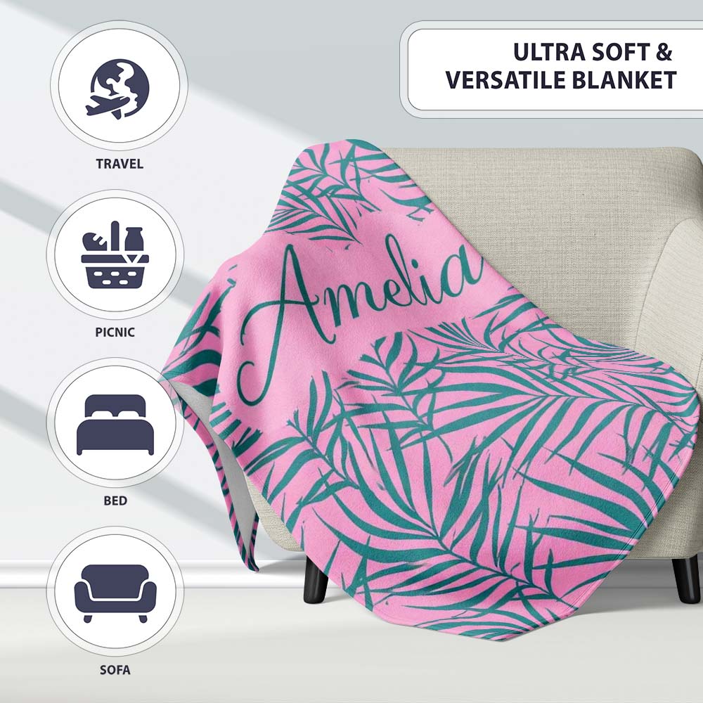 Bold Tropical Leaves Pink Green Abstract Seamless Pattern Lovely Personalised Custom Name Super Soft Fleece Blanket Bed Sofa Throw