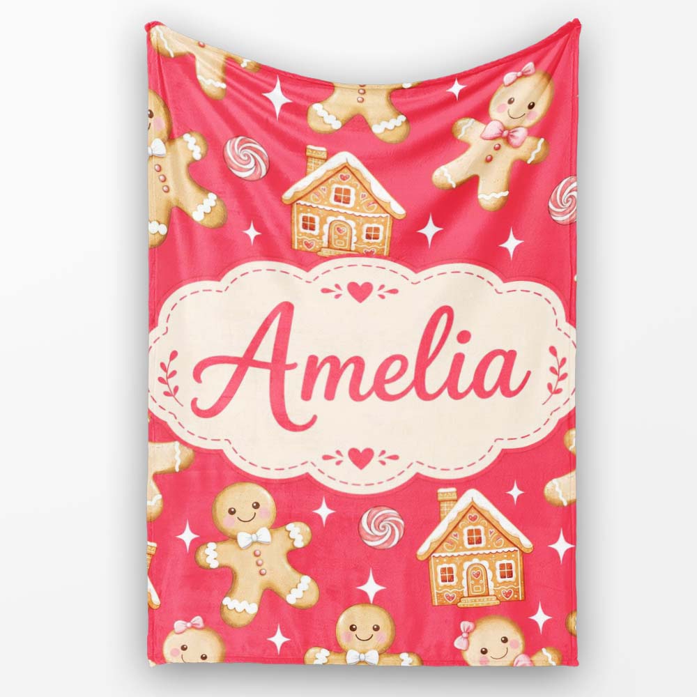 Cute Gingerbread Cookies Candy House on Festive Red Background Personalised Custom Name Super Soft Fleece Blanket Bed Sofa Throw
