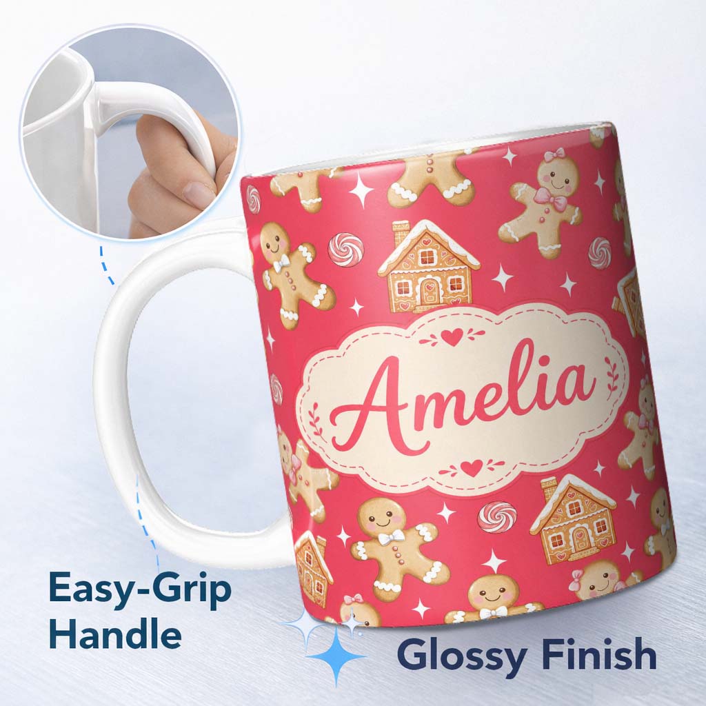 Personalized Custom Name Cute Gingerbread Cookies Candy House on Festive Red Background 11oz Ceramic Coffee Tea Mug White Large Handle