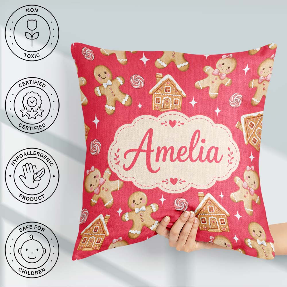 Custom Name Cute Gingerbread Cookies Candy House on Festive Red Square Filled Cushion Throw Pillow Sofa Bed Home Decor Zip Washable UK Made
