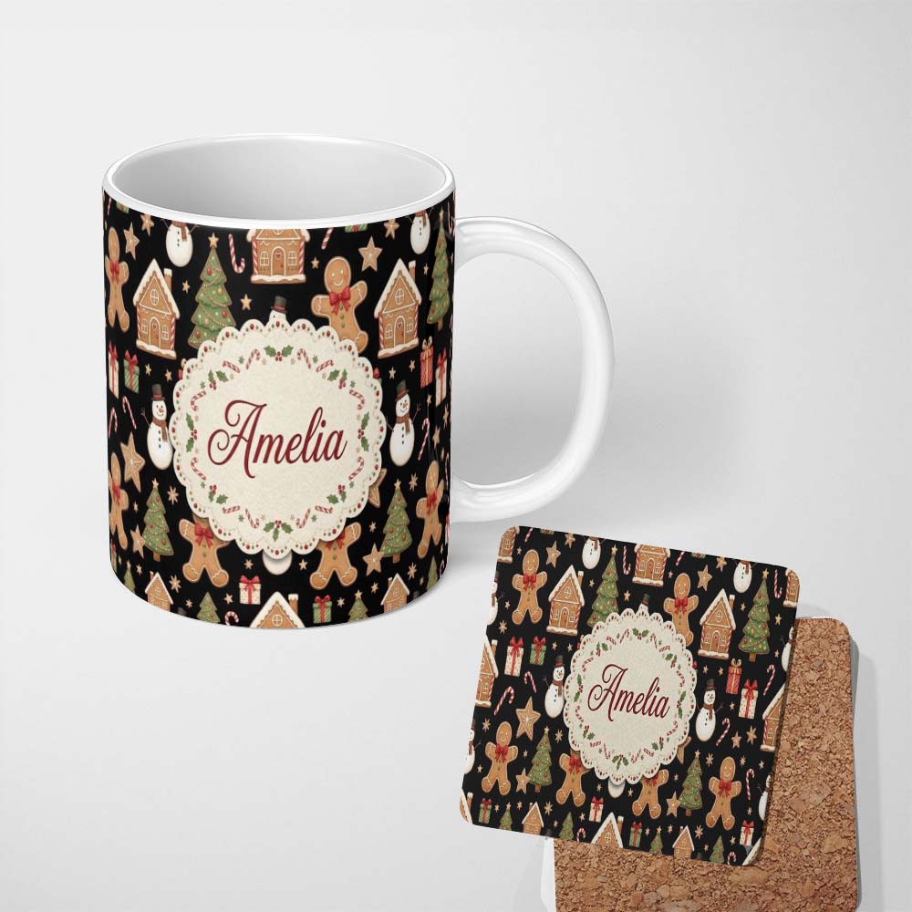 Personalized Custom Name Christmas Gingerbread Man Tree Gift Snowman on Black Background 11oz Ceramic Coffee Tea Mug White Large Handle