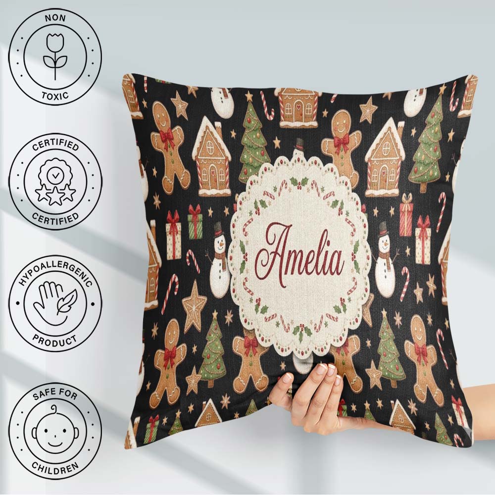 Custom Name Christmas Gingerbread Man Tree Gift Snowman on Black Square Filled Cushion Throw Pillow Sofa Bed Home Decor Zip Washable UK Made