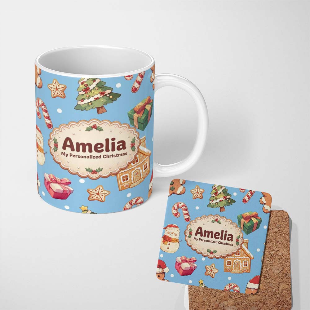 Personalized Custom Name Cute Christmas Gingerbread Man Tree Gift Snowman on Blue Background 11oz Ceramic Coffee Tea Mug White Large Handle