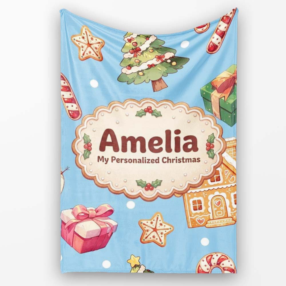 Cute Christmas Gingerbread Man Tree Gift Snowman on Blue Background Personalised Custom Name Super Soft Fleece Blanket Bed Sofa Throw