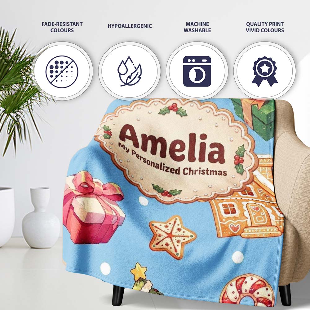 Cute Christmas Gingerbread Man Tree Gift Snowman on Blue Background Personalised Custom Name Super Soft Fleece Blanket Bed Sofa Throw