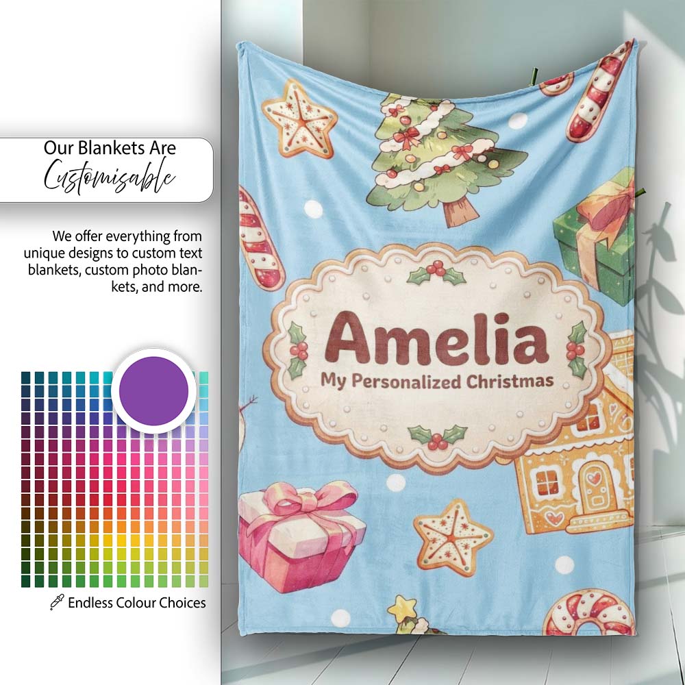 Cute Christmas Gingerbread Man Tree Gift Snowman on Blue Background Personalised Custom Name Super Soft Fleece Blanket Bed Sofa Throw