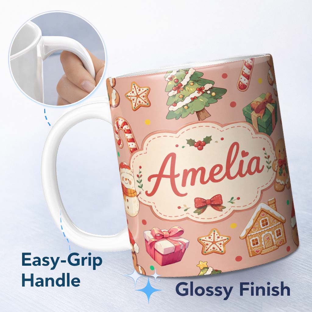 Personalized Custom Name Cute Christmas Gingerbread Man Tree Gift Snowman on Peach 11oz Ceramic Coffee Tea Mug White Large Handle