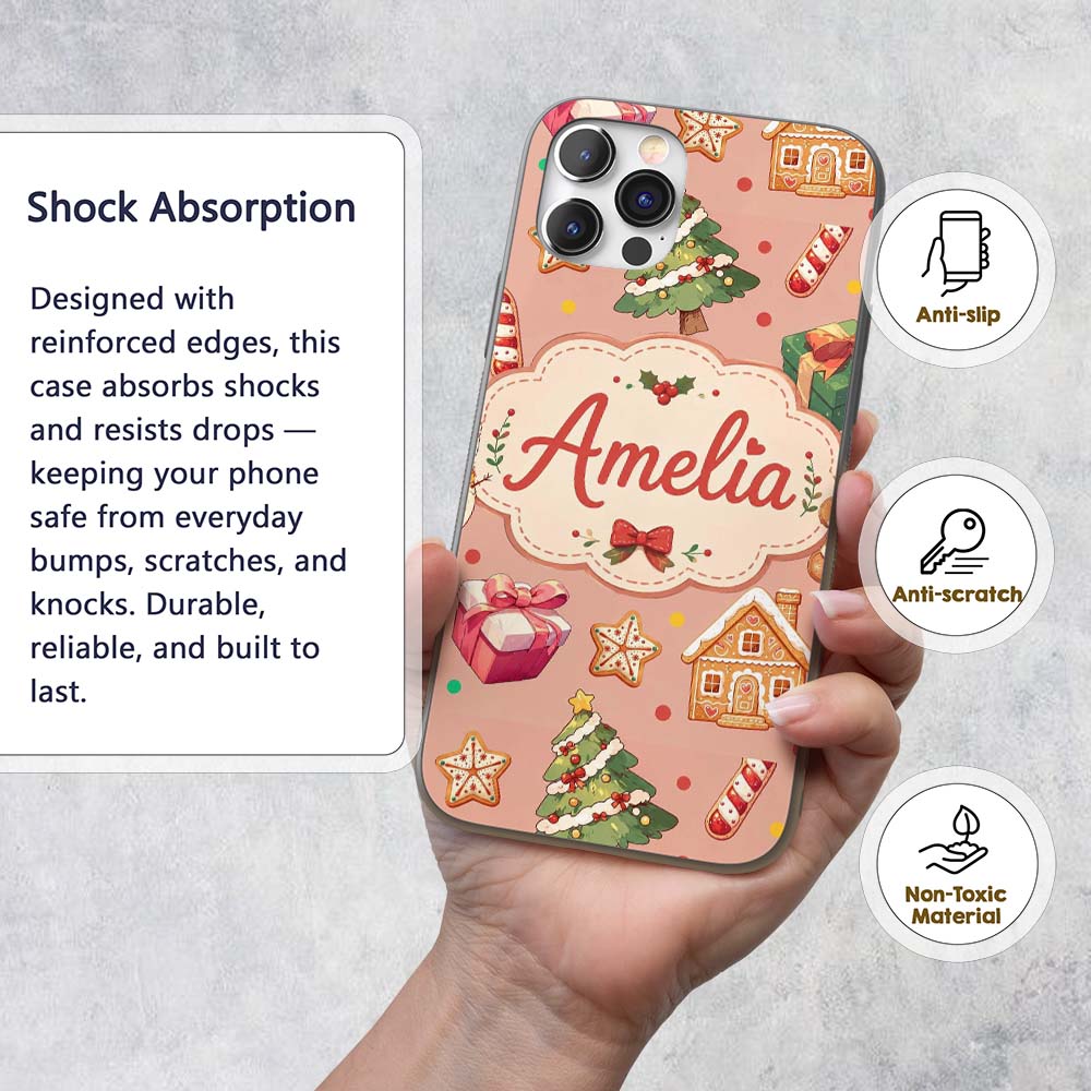 Cute Christmas Gingerbread Man Tree Gift Snowman Custom Name Protective Phone Case Mobile Cover Durable Everyday Smartphone Shock Resistant