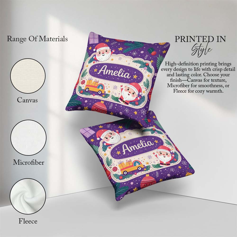 Custom Name Santa Sleigh Gifts Purple Christmas Festive Seamless Square Filled Cushion Throw Pillow Sofa Bed Home Decor Zip Washable UK Made
