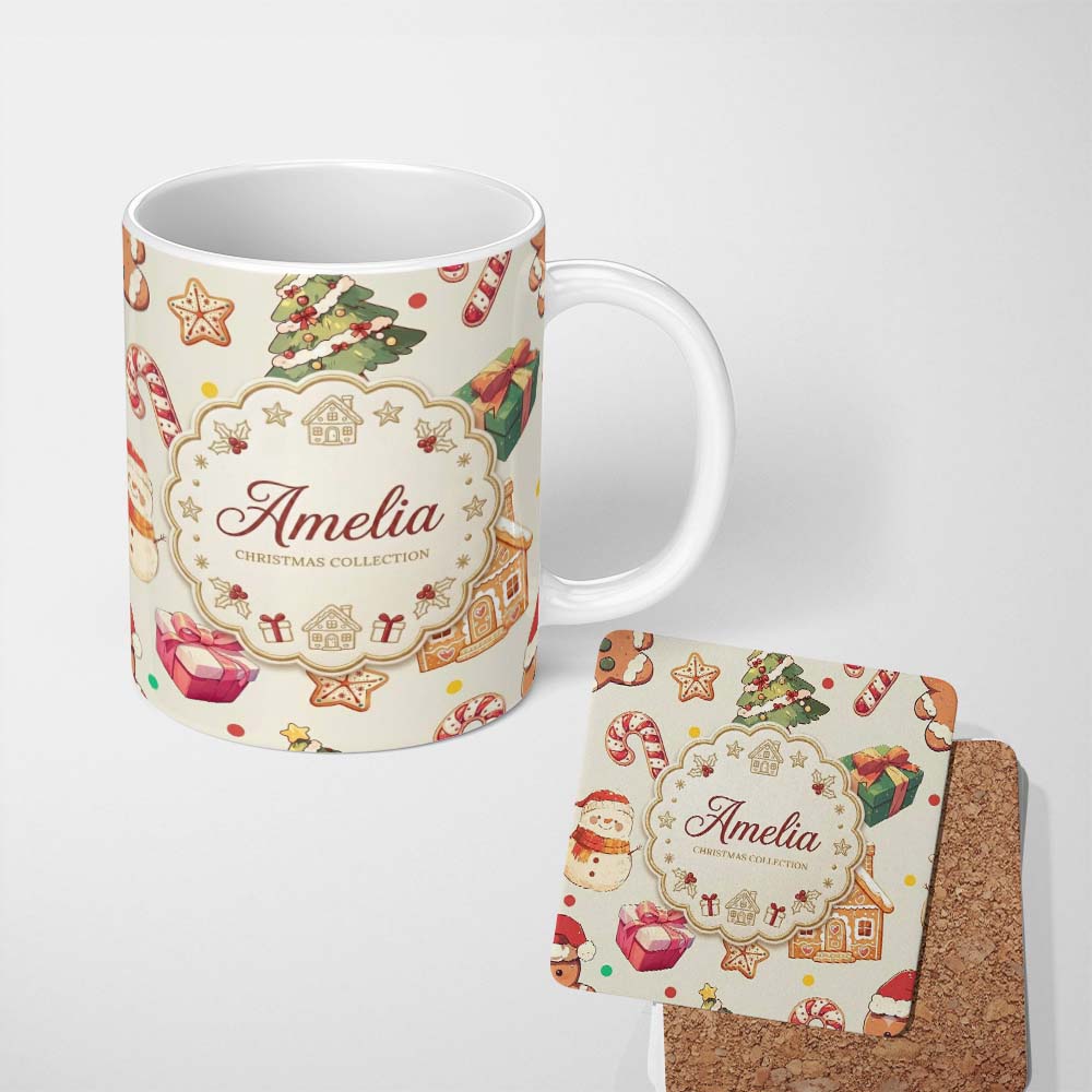Personalized Custom Name Cute Christmas Gingerbread Man Tree Gift Snowman on Cream 11oz Ceramic Coffee Tea Mug White Large Handle