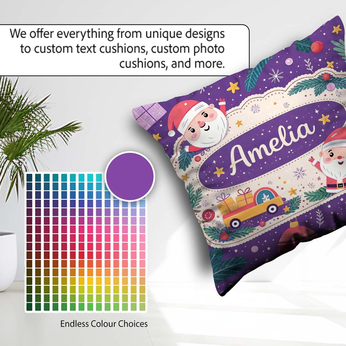 Custom Name Santa Sleigh Gifts Purple Christmas Festive Seamless Square Filled Cushion Throw Pillow Sofa Bed Home Decor Zip Washable UK Made