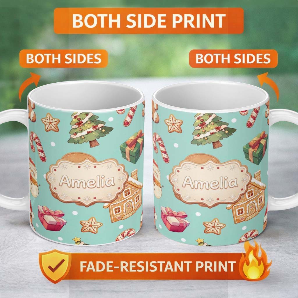 Personalized Custom Name Cute Christmas Gingerbread Man Tree Gift Snowman on Mint Background 11oz Ceramic Coffee Tea Mug White Large Handle