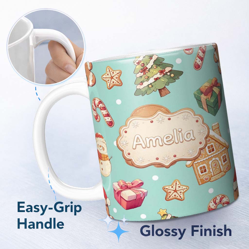 Personalized Custom Name Cute Christmas Gingerbread Man Tree Gift Snowman on Mint Background 11oz Ceramic Coffee Tea Mug White Large Handle