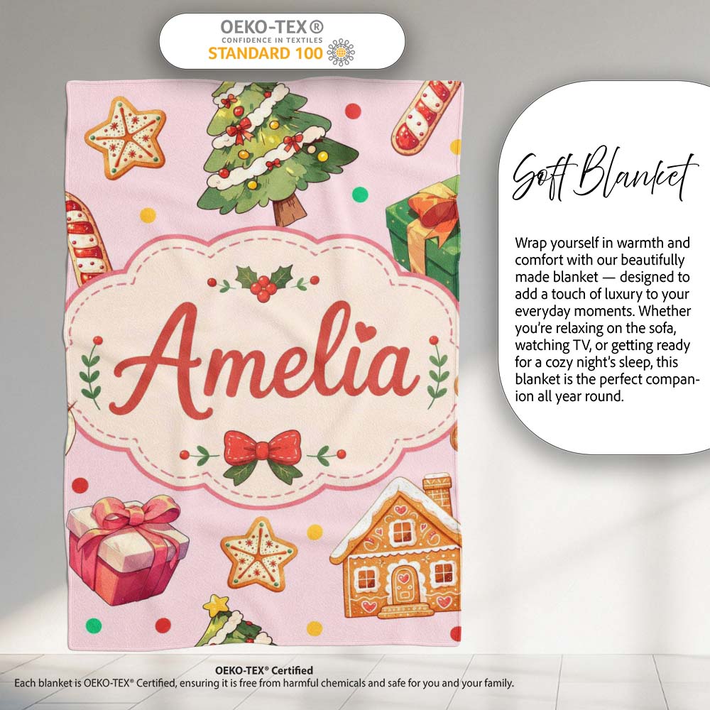 Christmas Gingerbread Man Tree Gift Snowman on Blush Pink Personalised Custom Name Super Soft Fleece Blanket Bed Sofa Throw