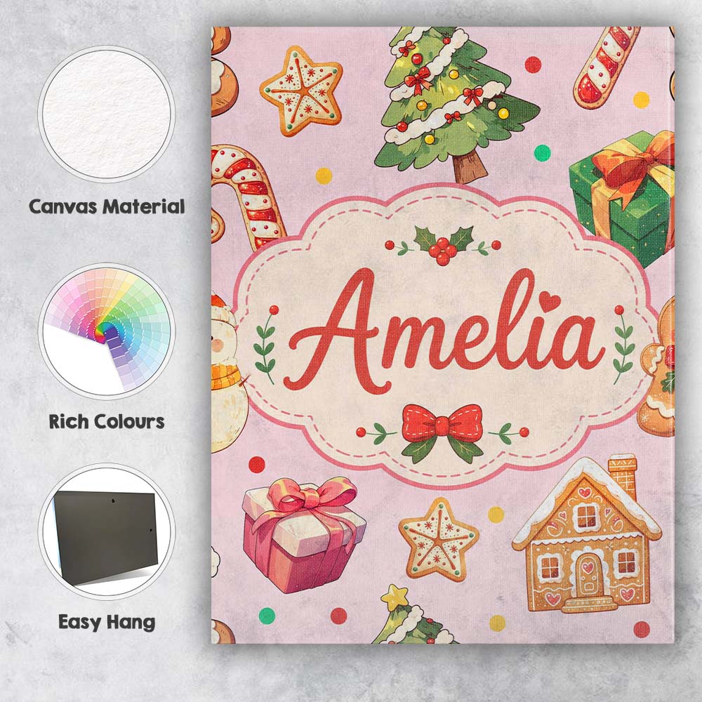 Personalised Name Christmas Gingerbread Man Custom Bespoke Interior Contemporary Canvas Wall Art Print Decor Picture Ready to Hang