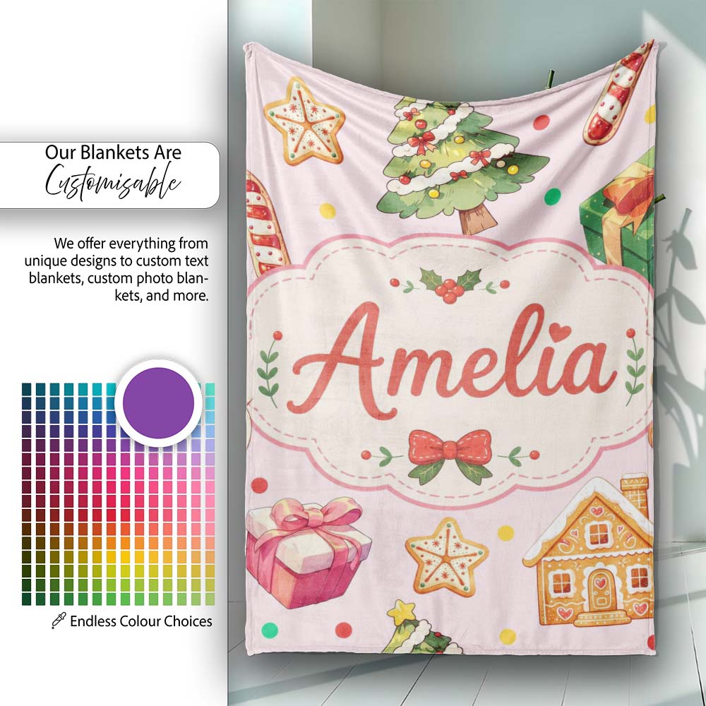 Christmas Gingerbread Man Tree Gift Snowman on Blush Pink Personalised Custom Name Super Soft Fleece Blanket Bed Sofa Throw